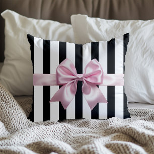 Coquette Black and White Striped Pink Bow Pillow
