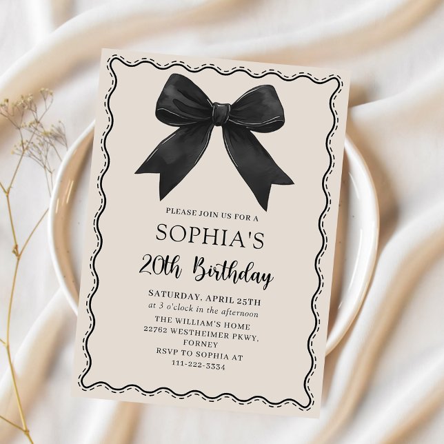 Coquette Black Bow 20th Birthday Party Invitation (Creator Uploaded)
