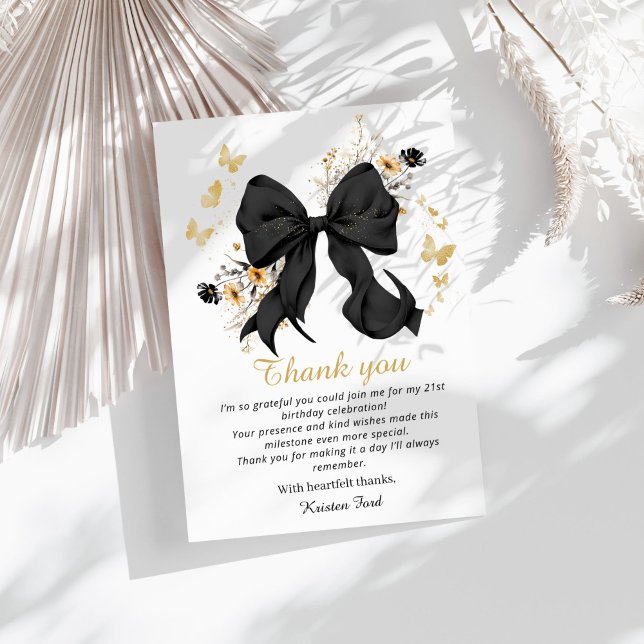 Coquette Black Bow Birthday Thank you Card (Elegant Black Coquette bow wildflowers thank you card)
