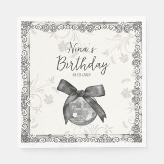 Coquette Black Bow & Disco Ball Elegant Birthday Napkin