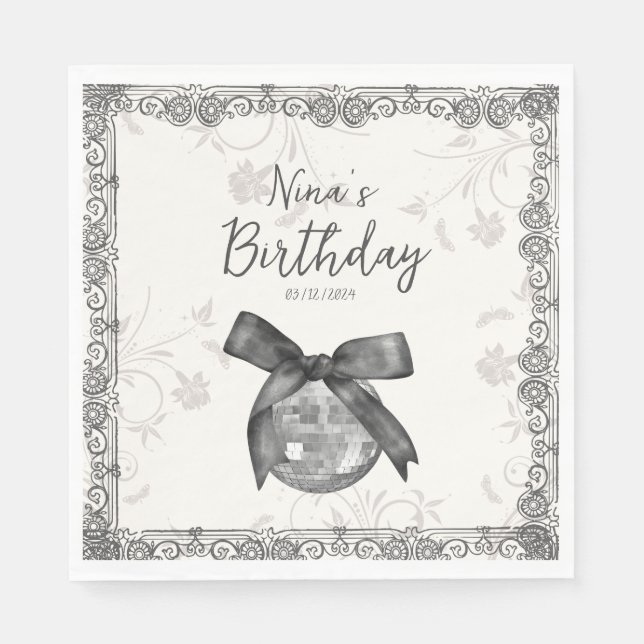 Coquette Black Bow & Disco Ball Elegant Birthday Napkin (Front)