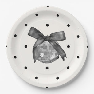 Coquette Black Bow & Disco Ball Elegant Birthday Paper Plate