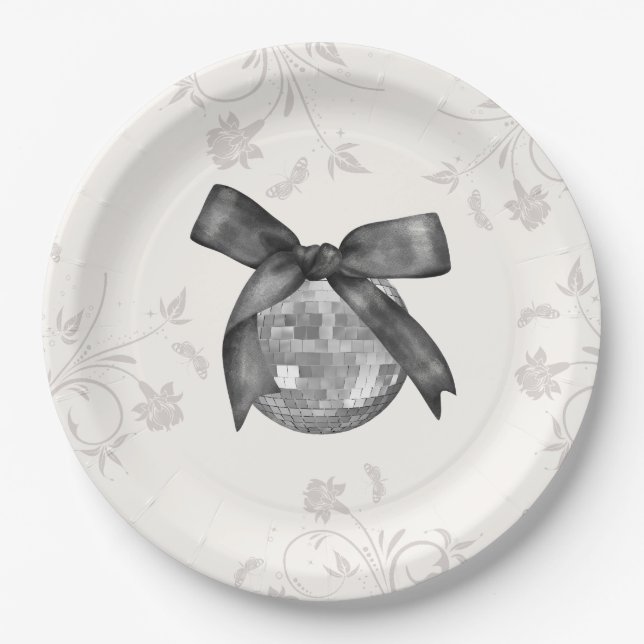 Coquette Black Bow & Disco Ball Elegant Birthday Paper Plate (Front)