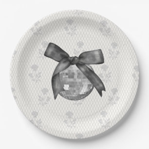 Coquette Black Bow & Disco Ball Elegant Birthday Paper Plate