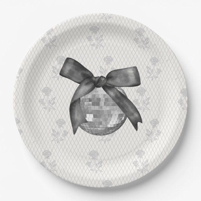 Coquette Black Bow & Disco Ball Elegant Birthday Paper Plate (Front)