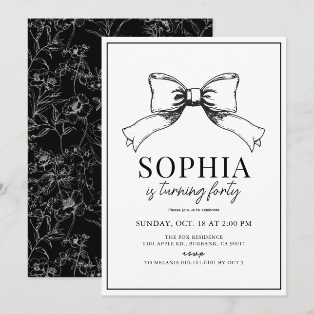 Coquette Black Bow Ribbon Adult Birthday Invitation (Front/Back)