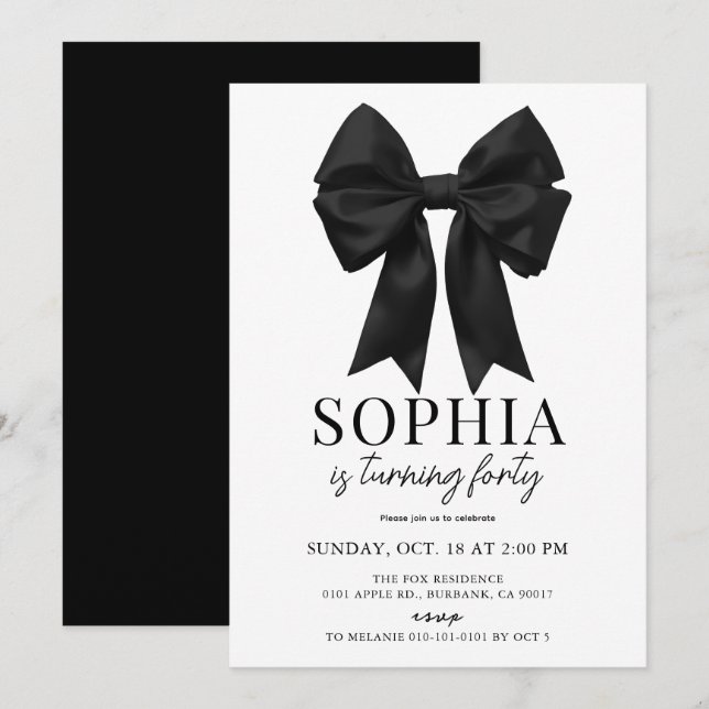 Coquette Black Bow Ribbon Adult Birthday Invitation (Front/Back)