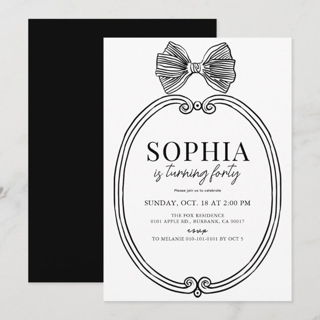 Coquette Black Bow/Ribbon Frame Adult Birthday Invitation (Front/Back)