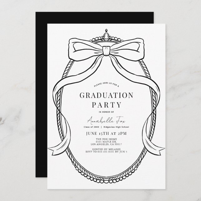 Coquette Black Bow Ribbon Frame Graduation Party Invitation (Front/Back)