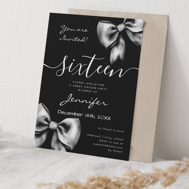 Coquette Black Bow Sweet 16 Birthday Invitation (Coquette Black Bow Sweet 16 Birthday Invitation)