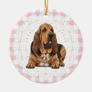 Coquette Bloodhound Dog Pink Gingham Bows Ceramic Tree Decoration