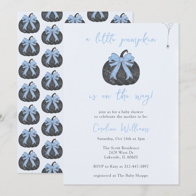 Coquette Blue Bow A Little Pumpkin Fall Halloween Invitation (Front/Back)