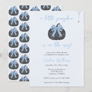 Coquette Blue Bow A Little Pumpkin Fall Halloween Invitation