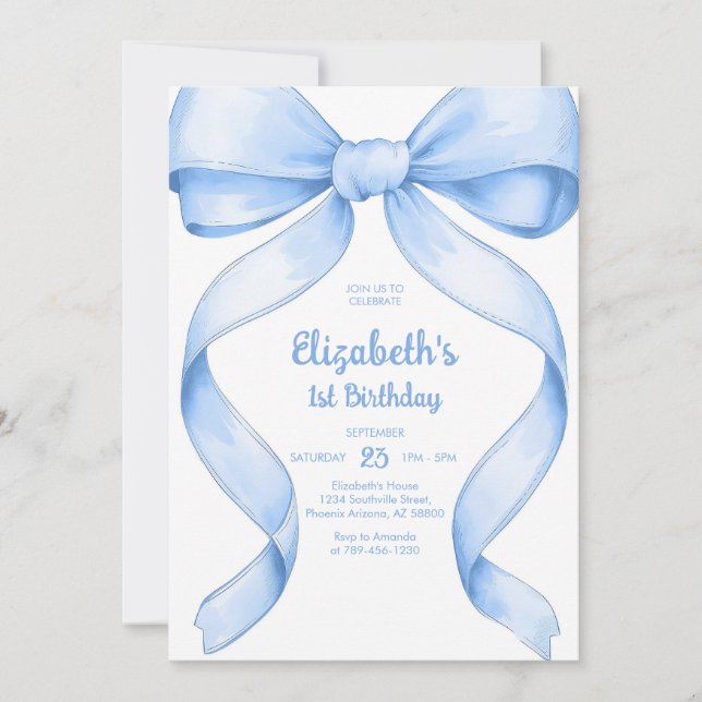 Coquette Blue Bow Birthday Invitation (Front)