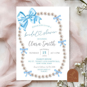Coquette Blue Bow Pearl Bridal Shower Invitation