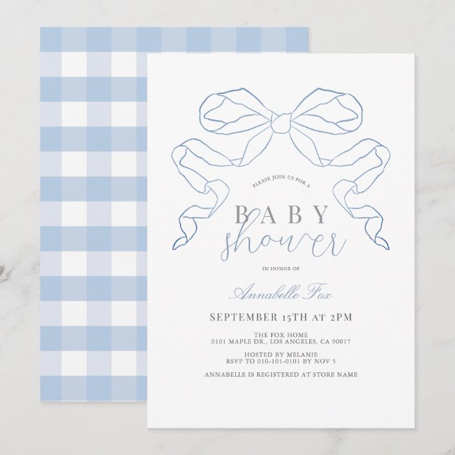 Coquette Blue Bow/Ribbon Boy Baby Shower Invitation (Front/Back)