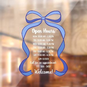 Coquette Blue Bow Small Business Open Hours Window Cling