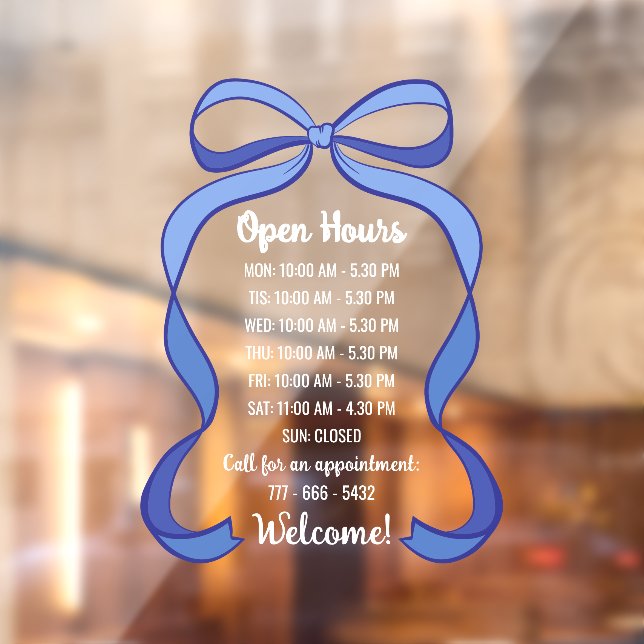 Coquette Blue Bow Small Business Open Hours Window Cling (Sheet 2)