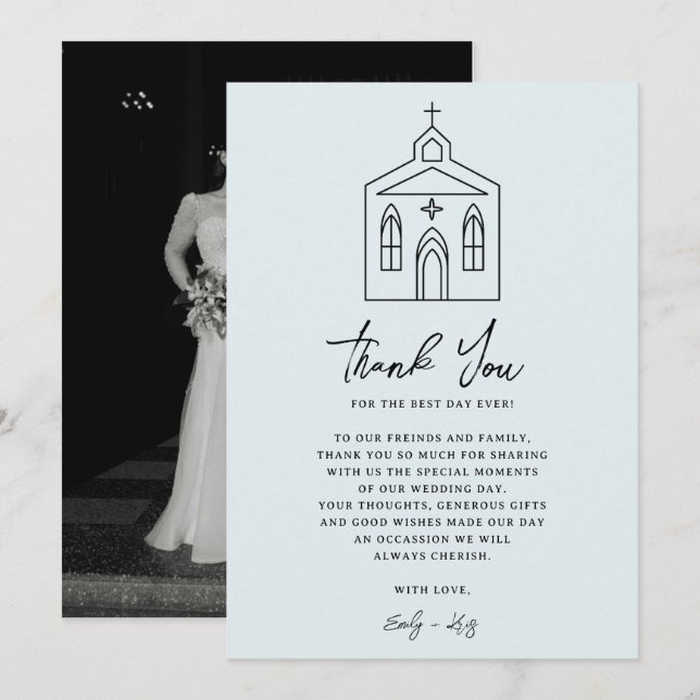 Coquette Blue Chapel Wedding Photo Thank You Card (Front/Back)