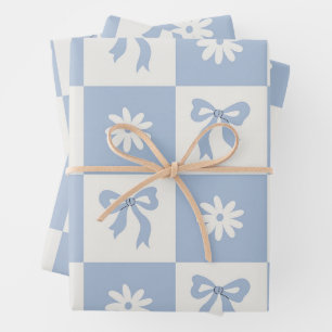 Coquette Blue Chequered Bow and Floral Coordinated Wrapping Paper Sheet