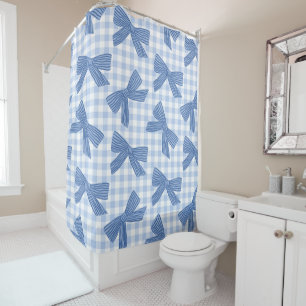 Coquette blue gingham and bows shower curtain