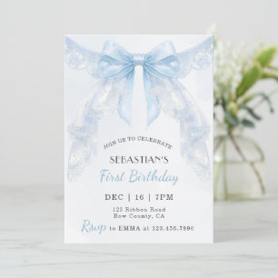 Coquette Blue Lace Bow Boy First Birthday Invitation