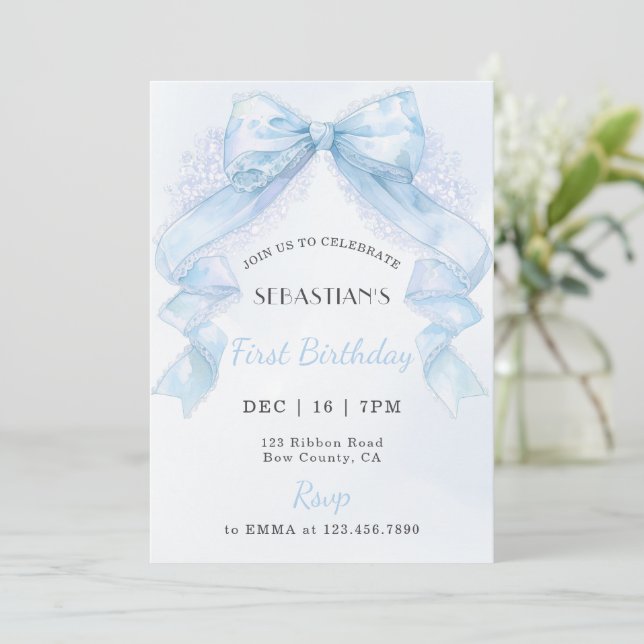 Coquette Blue Lace Bow Boy First Birthday Invitation (Standing Front)