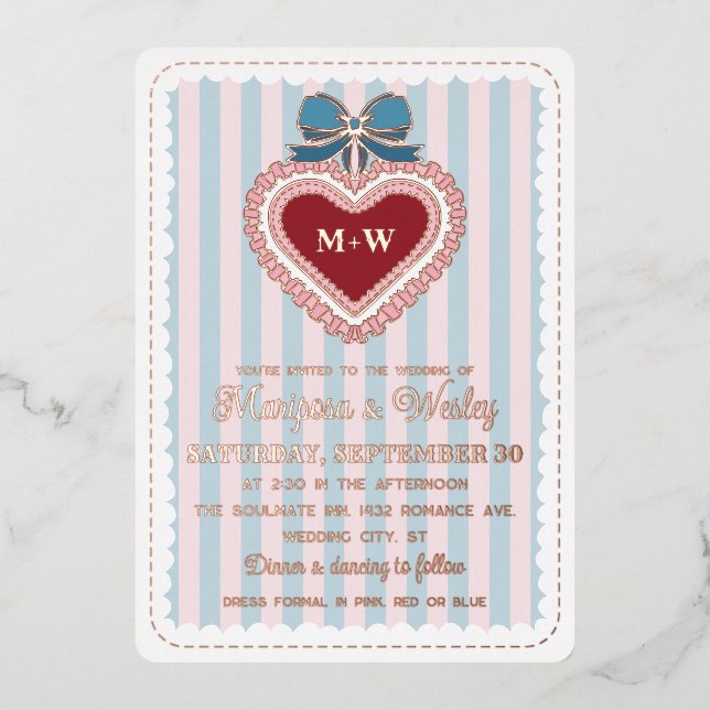 Coquette Blue Pink Ruffled Heart Stripes Wedding (Front)