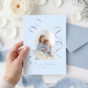 Coquette Blue Ribbon Bow Arch Photo Christmas Foil Holiday Card