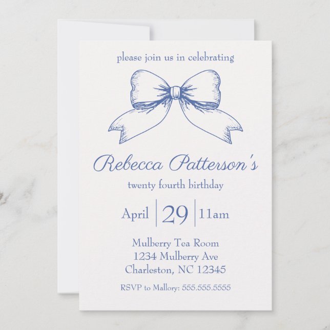 Coquette Blue Ribbon Bow Feminine Party Invitation (Front)