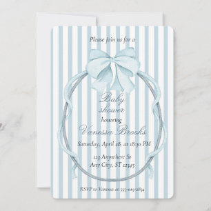 Coquette Blue Stripes Ribbon Bow Boy Baby Shower Invitation