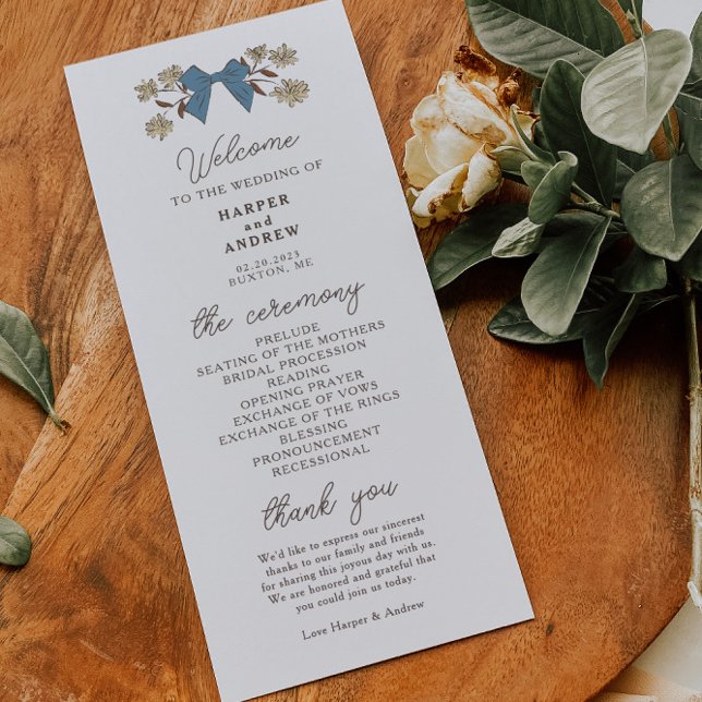 Coquette Blue Yellow Bows Wedding Ceremony Program Programme (Creator Uploaded)