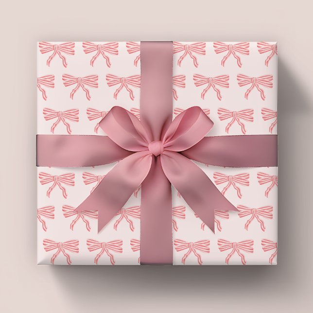 Coquette blush pink and red striped bows wrapping paper (Cute pink stripe coquette bow wrapping paper)