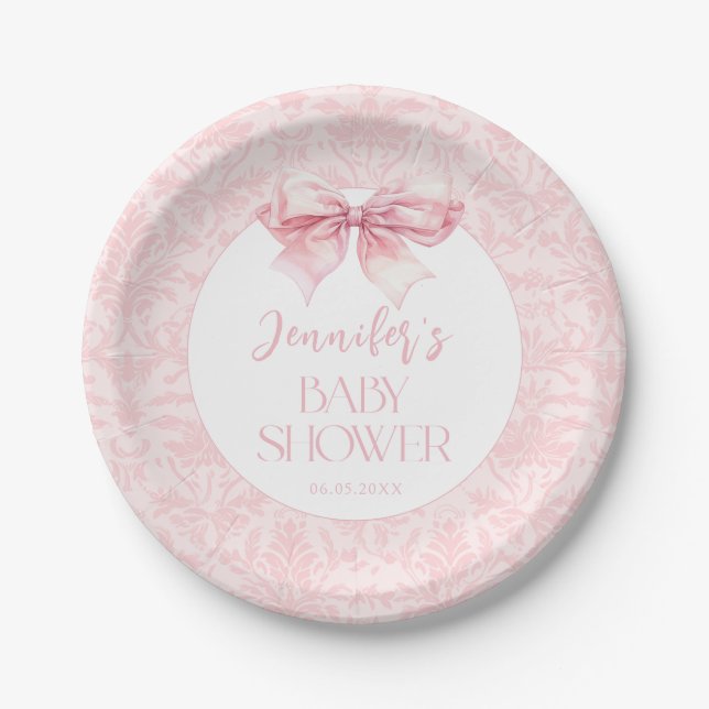 Coquette Blush Pink Bow Baby Girl Shower Paper Plate (Front)