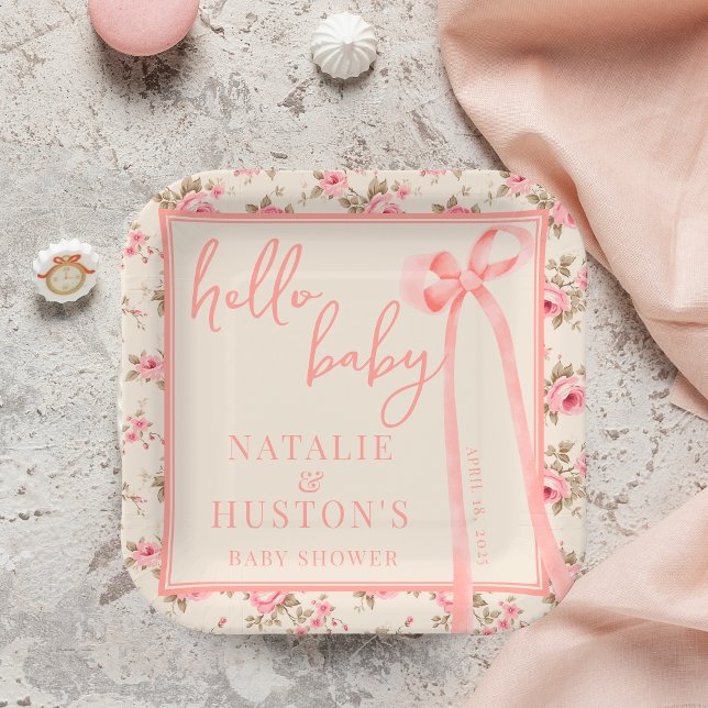 Coquette Blush Pink Bow Floral Baby Shower Custom Paper Plate (Creator Uploaded)