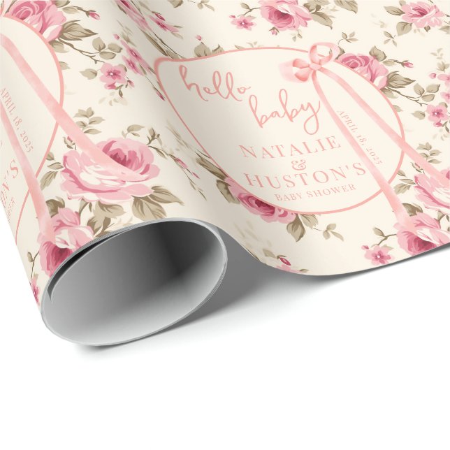 Coquette Blush Pink Bow Floral Baby Shower Custom Wrapping Paper (Roll Corner)
