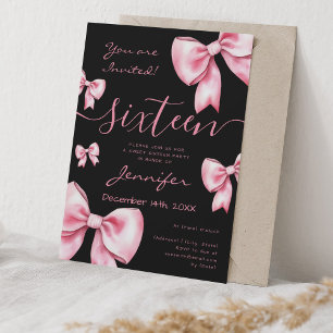Coquette Blush Pink Bow Sweet 16 Party Black Invitation