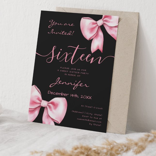 Coquette Blush Pink Bow Sweet 16 Party Black Invitation (Coquette Blush Pink Bow Sweet 16 Party Black Invitation)