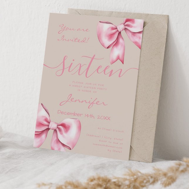 Coquette Blush Pink Bow Sweet 16 Party Champagne Invitation (Coquette Blush Pink Bow Sweet 16 Party Champagne Invitation)