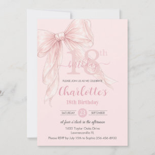 Coquette Blush Pink Ribbon Bow 18th Birthday Invitation