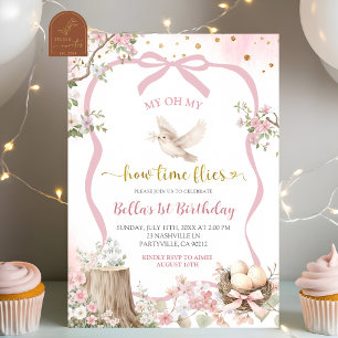 coquette blush pink Spring bird birthday  Invitation