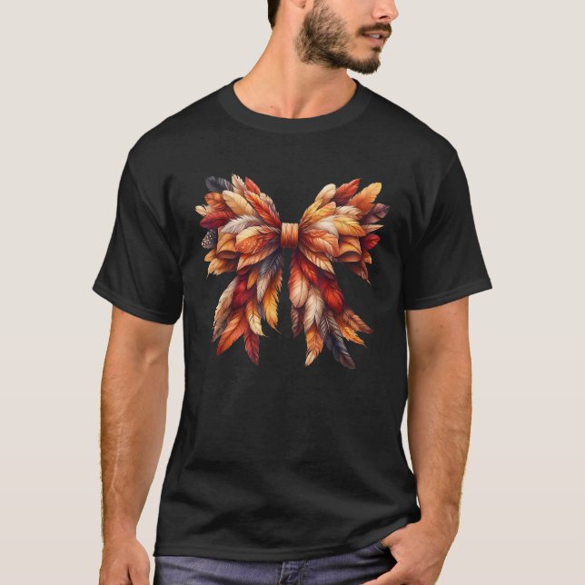 Coquette Bow Autumn Fall Y all Leaves Thanksgiving T-Shirt (Front)