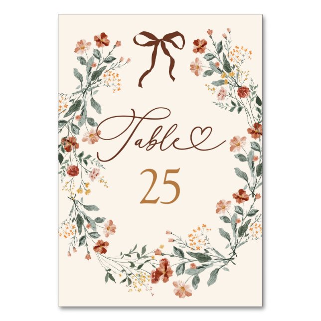 Coquette Bow Autumn Wildflower Table Number (Front)