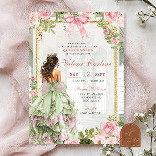 Coquette Bow Ballroom Sage Blush Pink Quinceanera Invitation