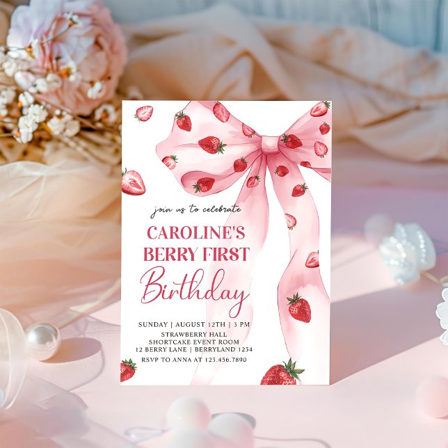 Coquette Bow Berry First Strawberry 1st Birthday Invitation (Creator Uploaded)