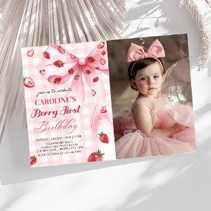 Coquette Bow Berry First Strawberry Birthday Photo Invitation
