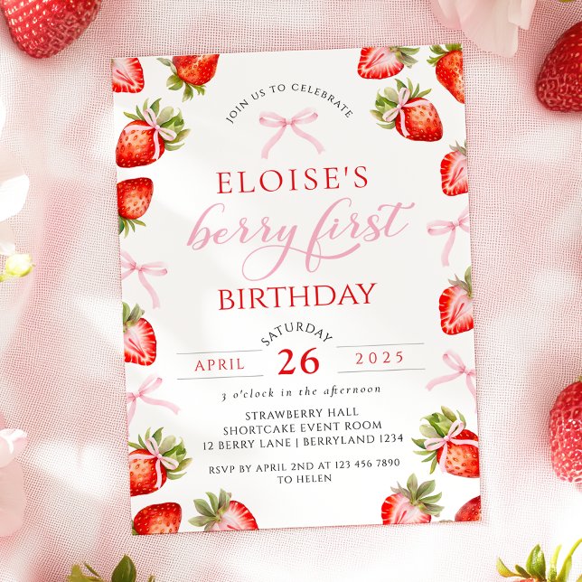 Coquette Bow Berry First Strawberry First Birthday Invitation (Creator Uploaded)