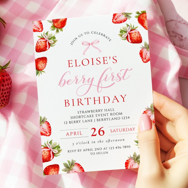 Coquette Bow Berry First Strawberry First Birthday Invitation (Creator Uploaded)