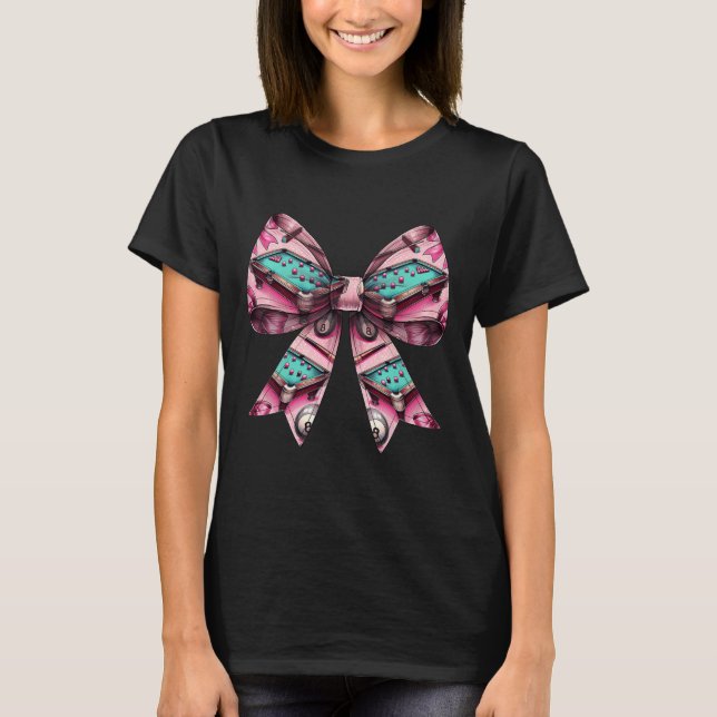 Coquette Bow Billiards Pool Table Cue Pattern Girl T-Shirt (Front)
