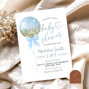 Coquette Bow Blue Balloon Baby Shower Invitation
